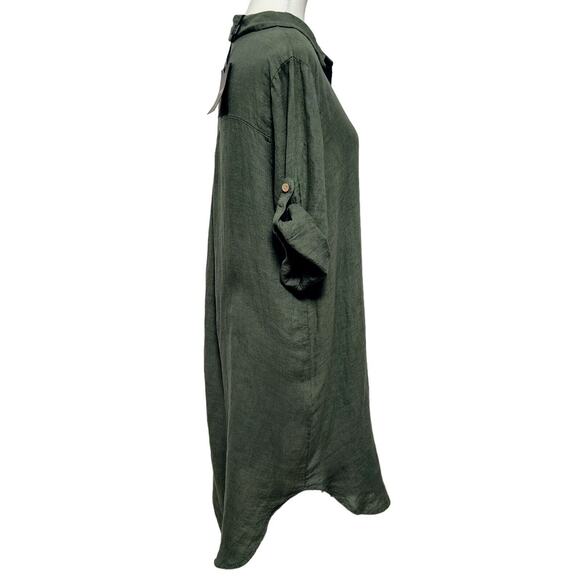 NWT Artigli Italy Linen Dress Medium Lagenlook Olive Green Roll-Tab T-Shirt Midi - Picture 2 of 9